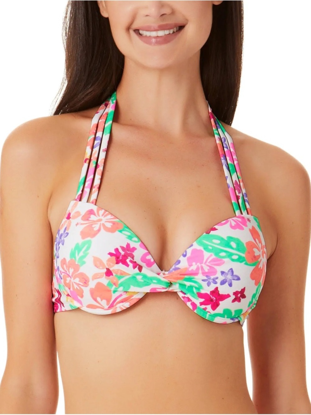California Waves | NWT Floral Halter Bikini Top - White, Pink & Green Sz XL